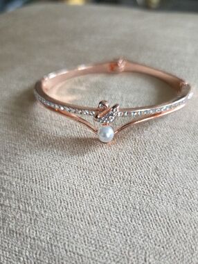 Rose Gold Pearl Accent Swan Bangle Bracelet